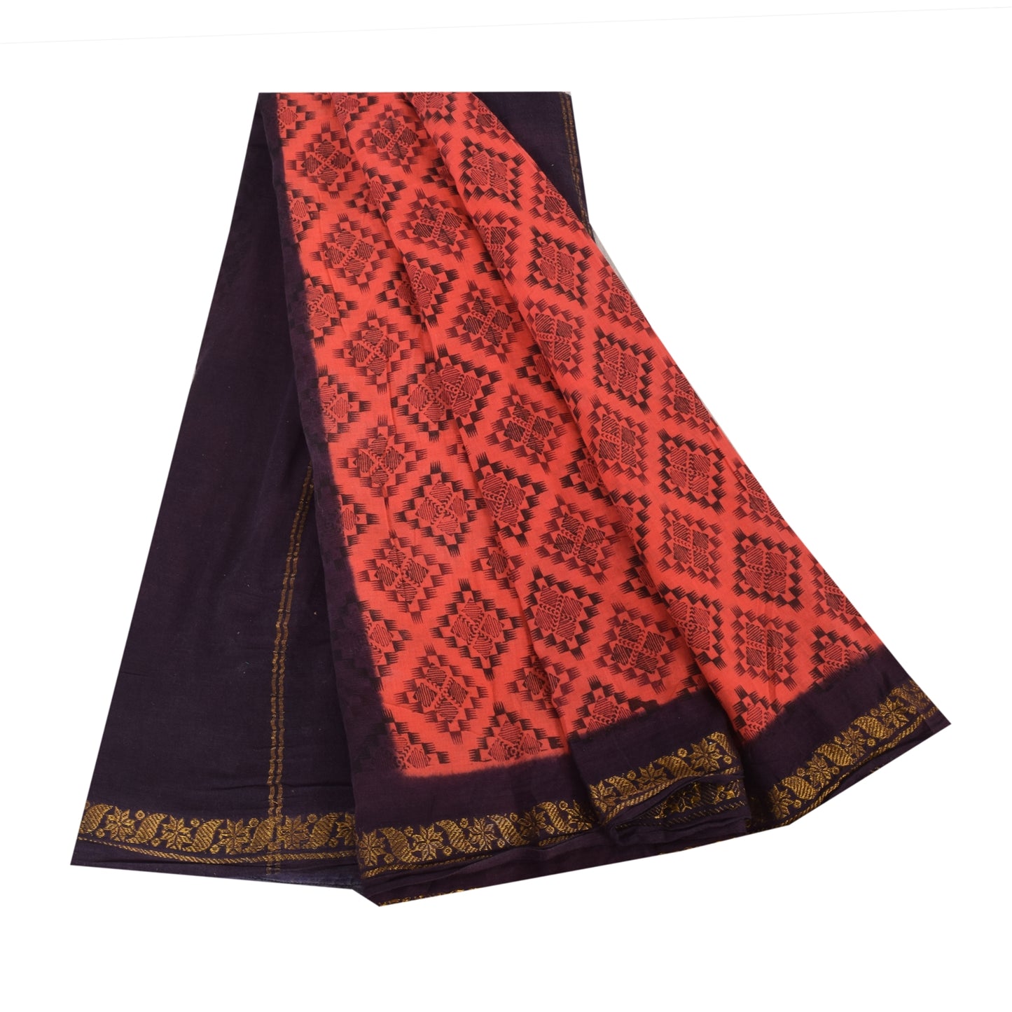 Sanskriti Vintage Sarees Peach/Purple Zari Woven Print Pure Cotton Sari Sustainable Fabric