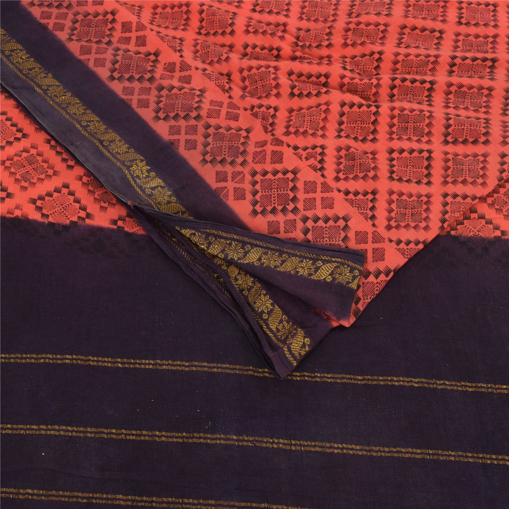 Sanskriti Vintage Sarees Peach/Purple Zari Woven Print Pure Cotton Sari Sustainable Fabric