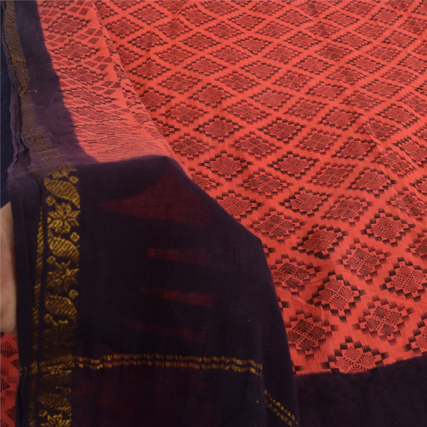 Sanskriti Vintage Sarees Peach/Purple Zari Woven Print Pure Cotton Sari Sustainable Fabric