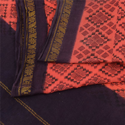 Sanskriti Vintage Sarees Peach/Purple Zari Woven Print Pure Cotton Sari Sustainable Fabric