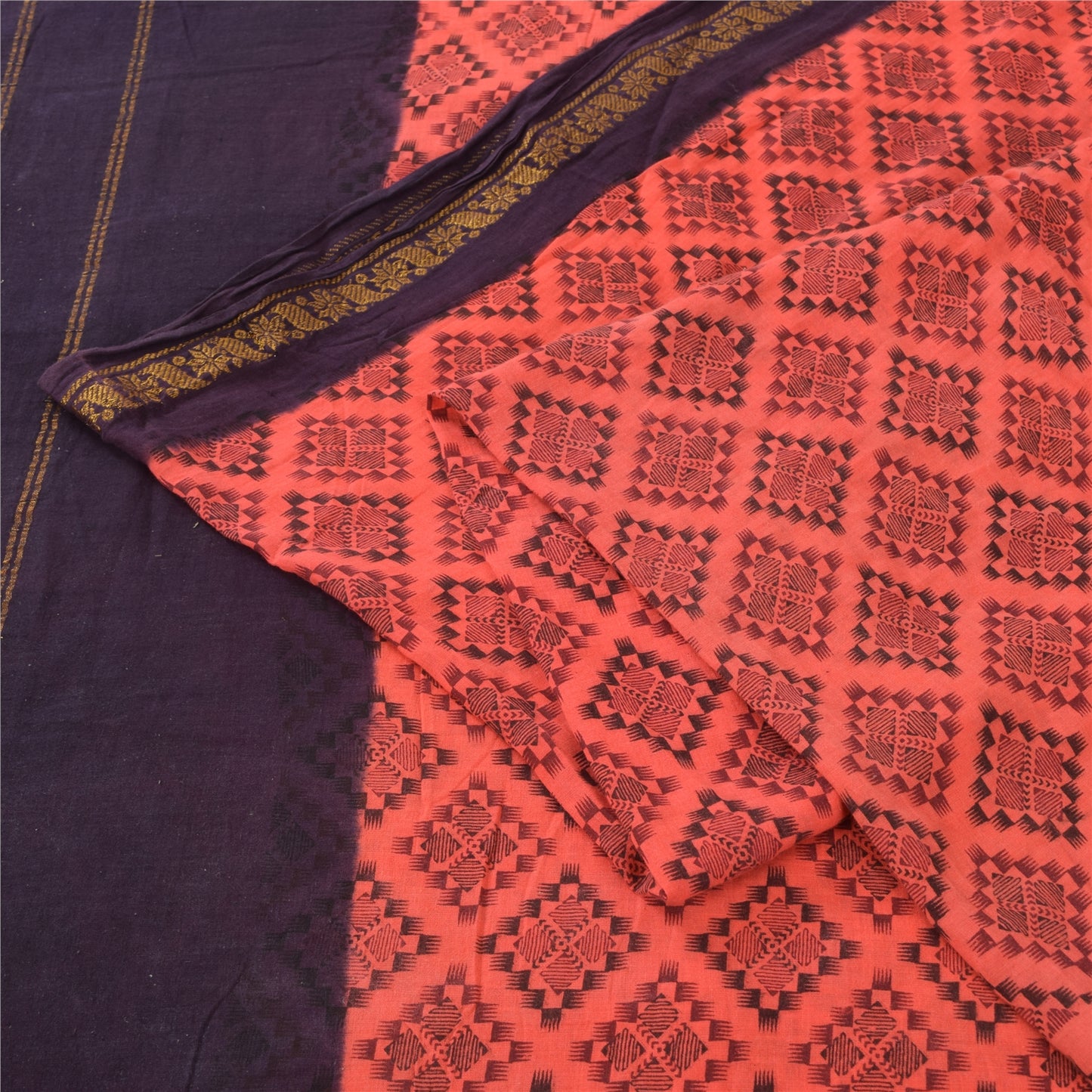 Sanskriti Vintage Sarees Peach/Purple Zari Woven Print Pure Cotton Sari Sustainable Fabric