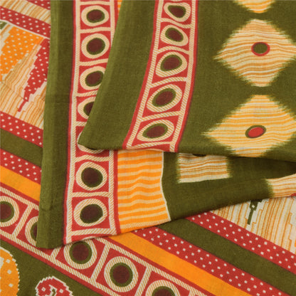 Sanskriti Vintage Sarees Indian Green Pure Cotton Printed Sari 5yd Craft Sustainable Fabric