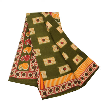 Sanskriti Vintage Sarees Indian Green Pure Cotton Printed Sari 5yd Craft Sustainable Fabric