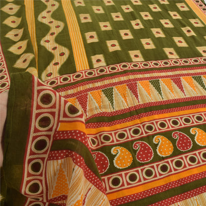 Sanskriti Vintage Sarees Indian Green Pure Cotton Printed Sari 5yd Craft Sustainable Fabric