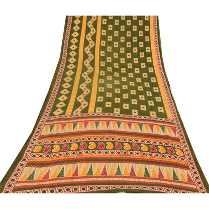 Sanskriti Vintage Sarees Indian Green Pure Cotton Printed Sari 5yd Craft Sustainable Fabric