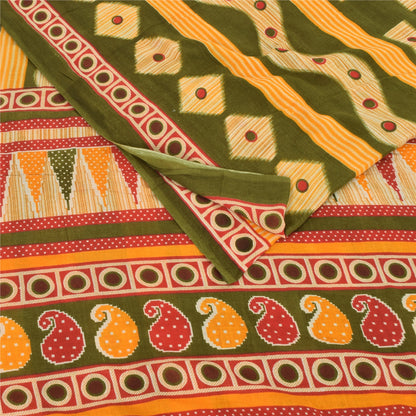Sanskriti Vintage Sarees Indian Green Pure Cotton Printed Sari 5yd Craft Sustainable Fabric