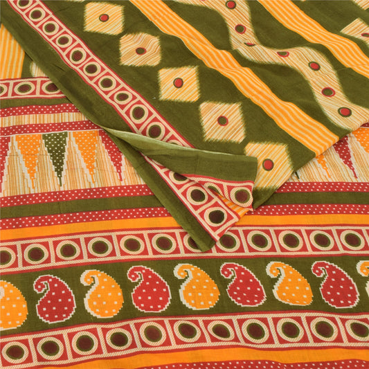 Sanskriti Vintage Sarees Indian Green Pure Cotton Printed Sari 5yd Craft Sustainable Fabric