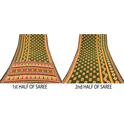Sanskriti Vintage Sarees Indian Green Pure Cotton Printed Sari 5yd Craft Sustainable Fabric