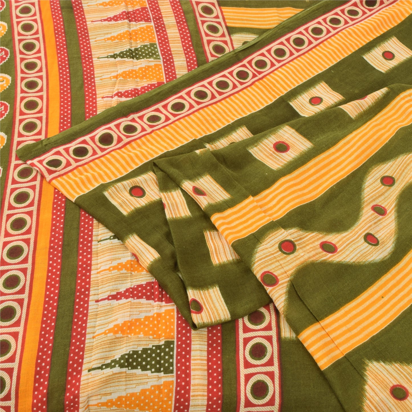 Sanskriti Vintage Sarees Indian Green Pure Cotton Printed Sari 5yd Craft Sustainable Fabric