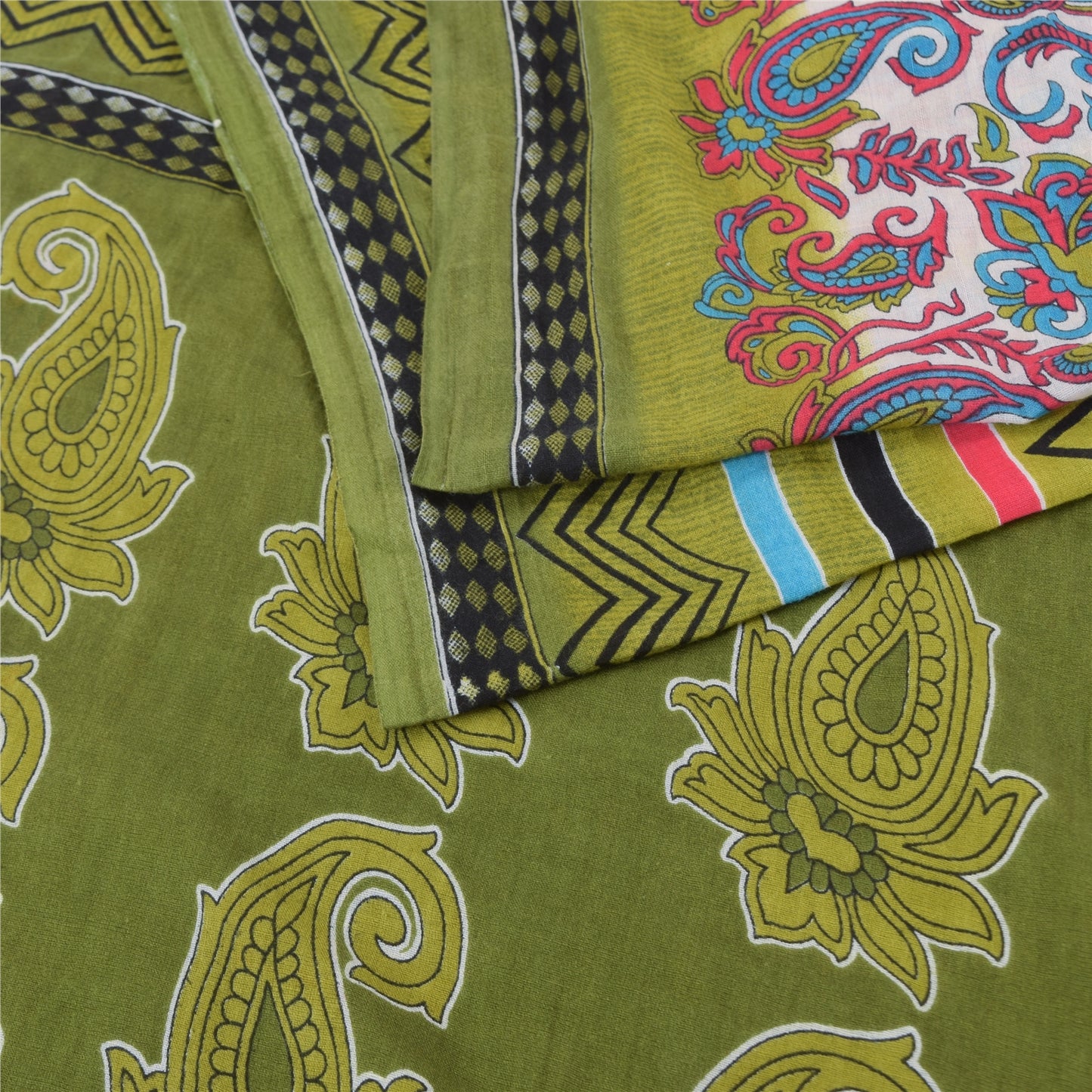 Sanskriti Vintage Sarees Indian Green Pure Cotton Printed Sari 5yd Craft Sustainable Fabric