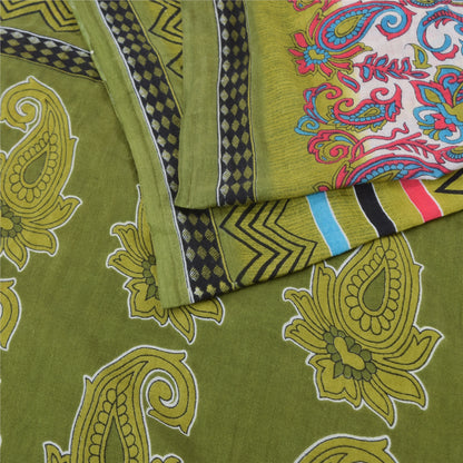 Sanskriti Vintage Sarees Indian Green Pure Cotton Printed Sari 5yd Craft Sustainable Fabric
