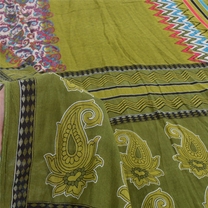 Sanskriti Vintage Sarees Indian Green Pure Cotton Printed Sari 5yd Craft Sustainable Fabric