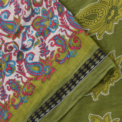 Sanskriti Vintage Sarees Indian Green Pure Cotton Printed Sari 5yd Craft Sustainable Fabric