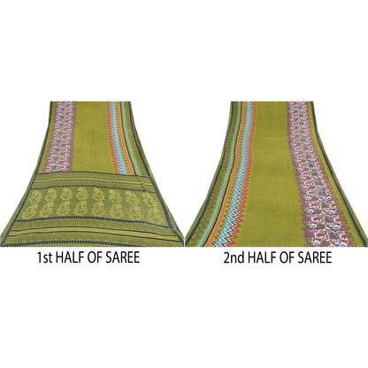 Sanskriti Vintage Sarees Indian Green Pure Cotton Printed Sari 5yd Craft Sustainable Fabric