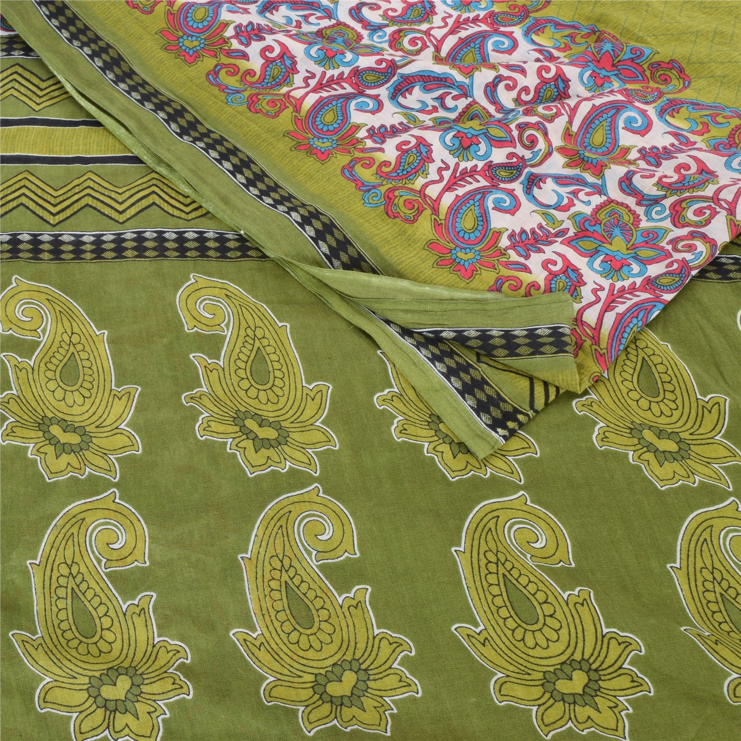 Sanskriti Vintage Sarees Indian Green Pure Cotton Printed Sari 5yd Craft Sustainable Fabric