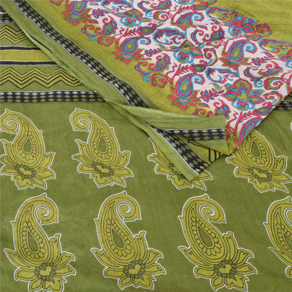 Sanskriti Vintage Sarees Indian Green Pure Cotton Printed Sari 5yd Craft Sustainable Fabric