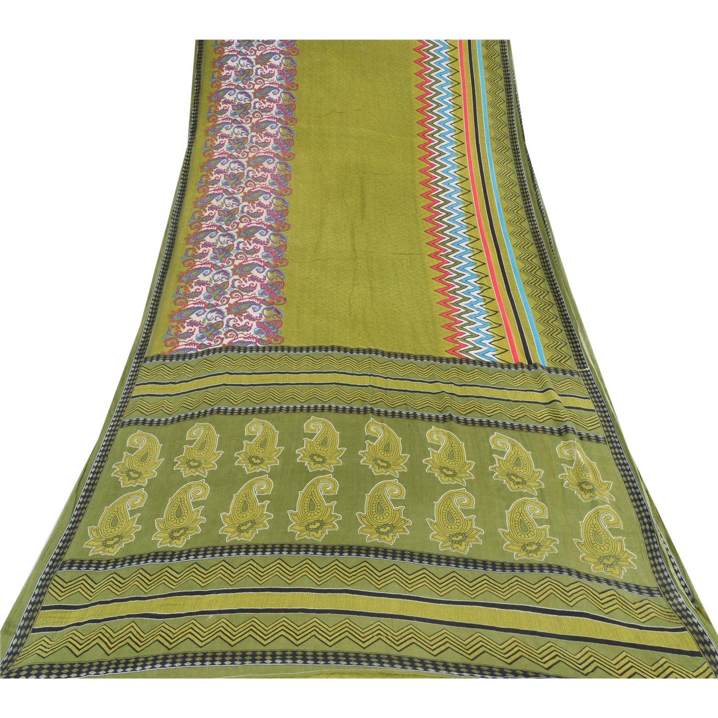 Sanskriti Vintage Sarees Indian Green Pure Cotton Printed Sari 5yd Craft Sustainable Fabric