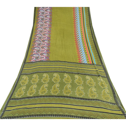 Sanskriti Vintage Sarees Indian Green Pure Cotton Printed Sari 5yd Craft Sustainable Fabric