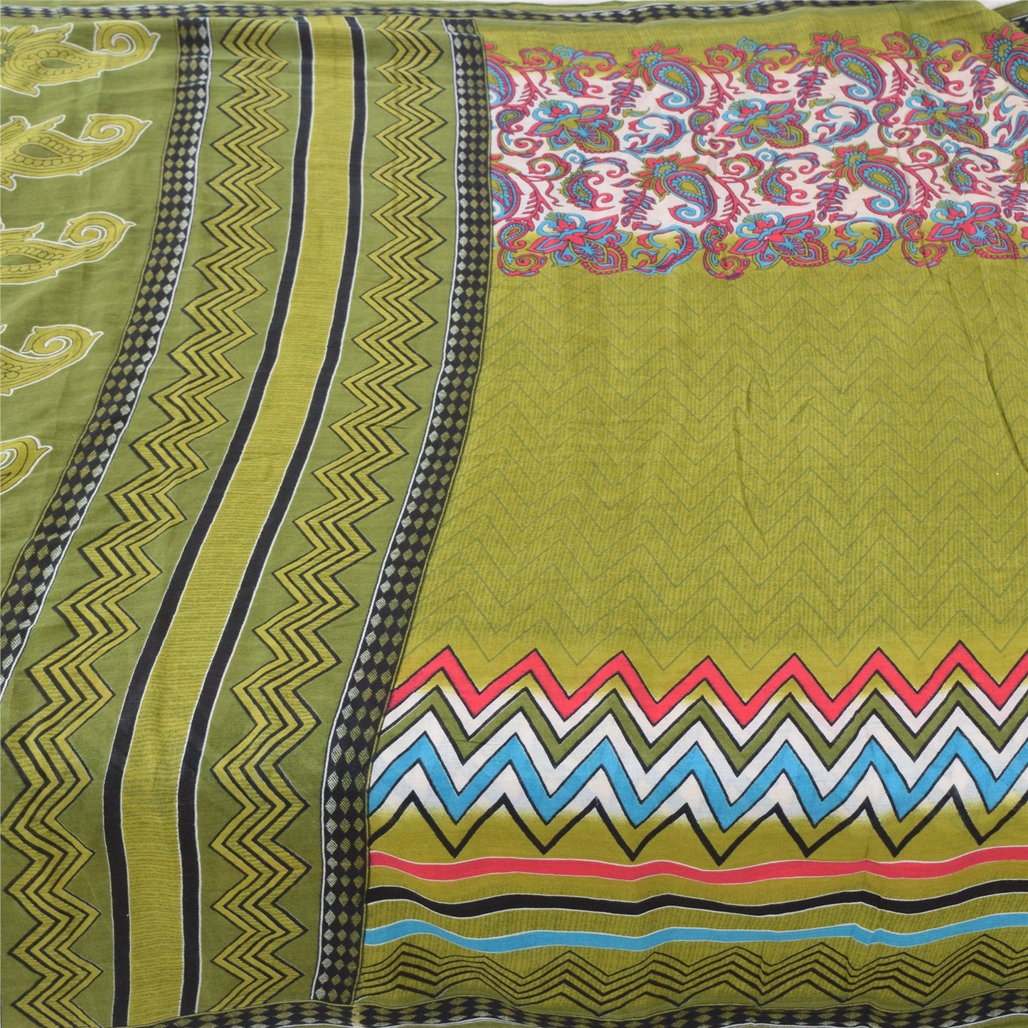 Sanskriti Vintage Sarees Indian Green Pure Cotton Printed Sari 5yd Craft Sustainable Fabric