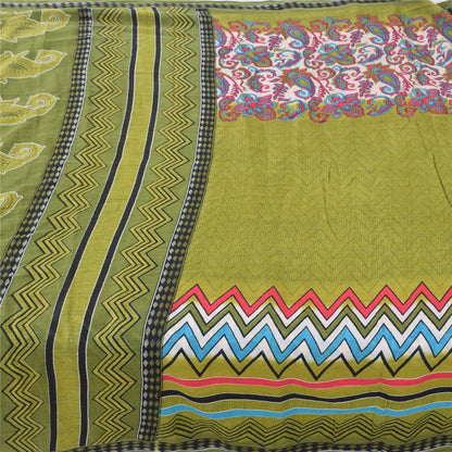 Sanskriti Vintage Sarees Indian Green Pure Cotton Printed Sari 5yd Craft Sustainable Fabric
