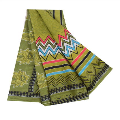Sanskriti Vintage Sarees Indian Green Pure Cotton Printed Sari 5yd Craft Sustainable Fabric