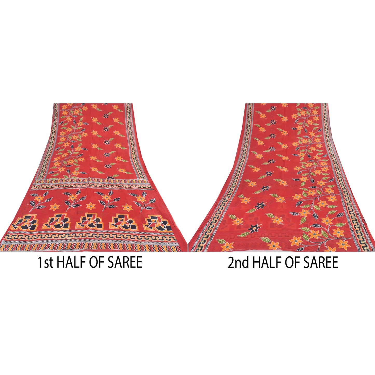 Sanskriti Vintage Sarees From India Red Pure Cotton Print Sari 5yd Craft Sustainable Fabric