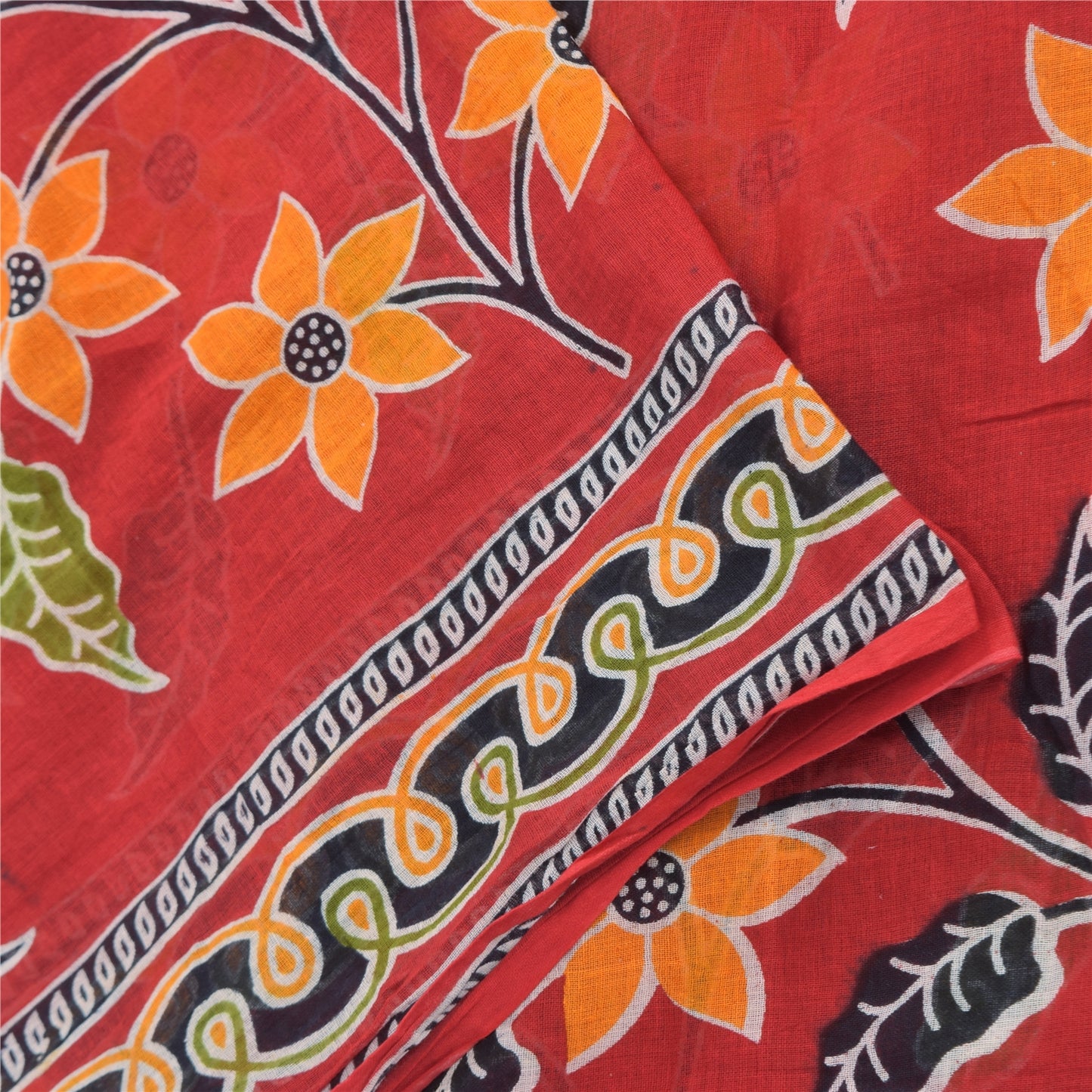 Sanskriti Vintage Sarees From India Red Pure Cotton Print Sari 5yd Craft Sustainable Fabric
