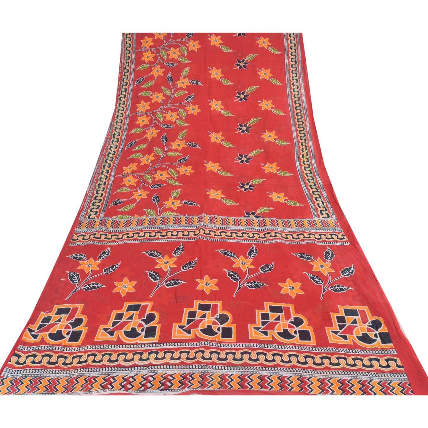 Sanskriti Vintage Sarees From India Red Pure Cotton Print Sari 5yd Craft Sustainable Fabric
