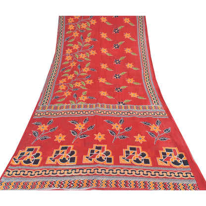 Sanskriti Vintage Sarees From India Red Pure Cotton Print Sari 5yd Craft Sustainable Fabric