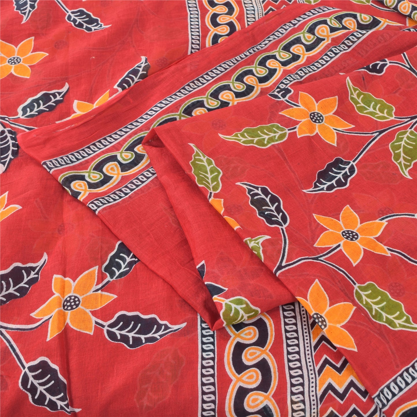 Sanskriti Vintage Sarees From India Red Pure Cotton Print Sari 5yd Craft Sustainable Fabric