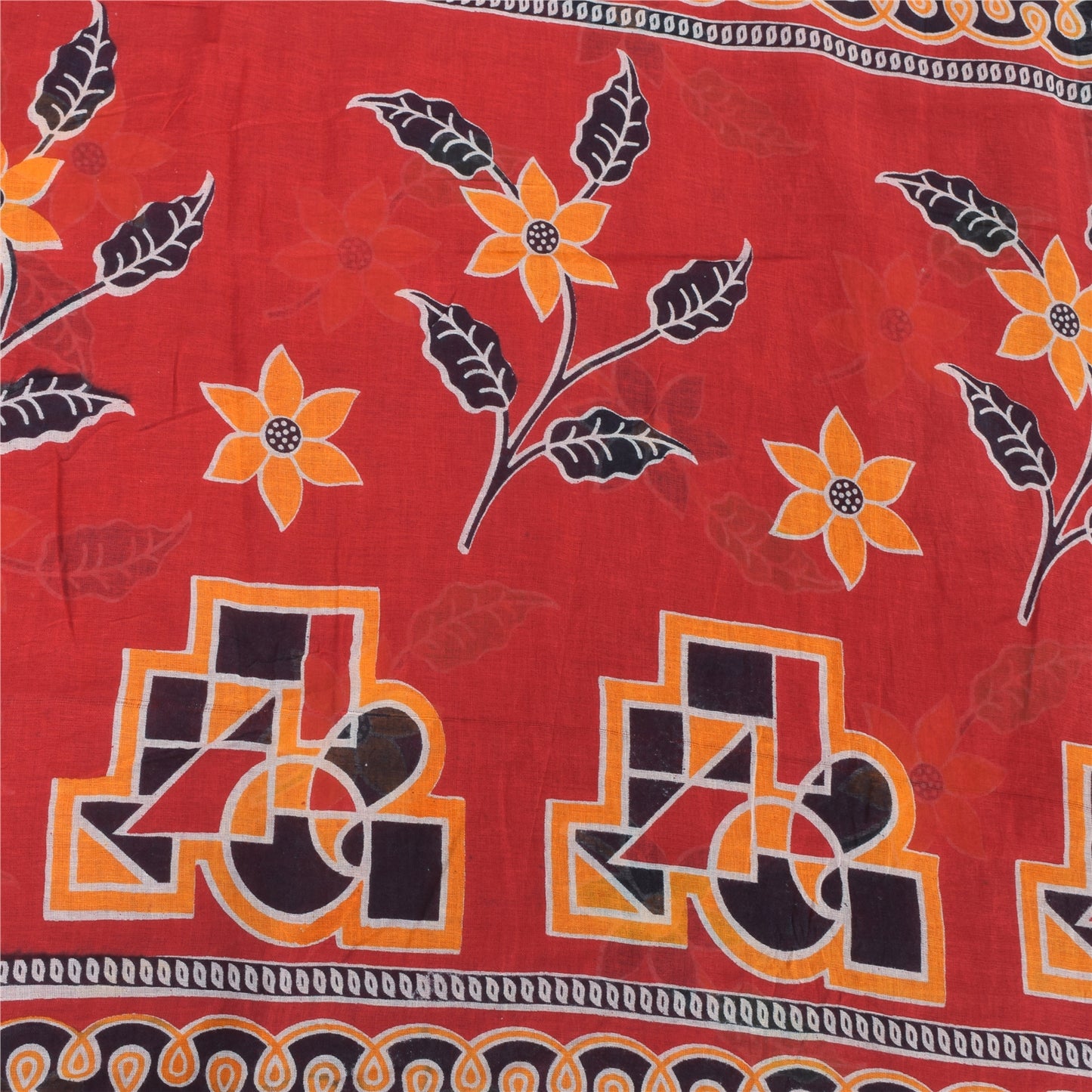 Sanskriti Vintage Sarees From India Red Pure Cotton Print Sari 5yd Craft Sustainable Fabric