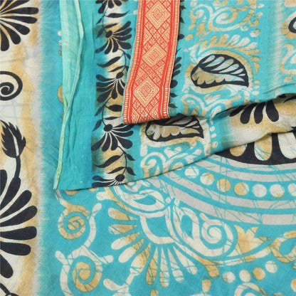 Sanskriti Vintage Sarees Indian Blue Pure Cotton Printed Sari 5yd Craft Sustainable Fabric