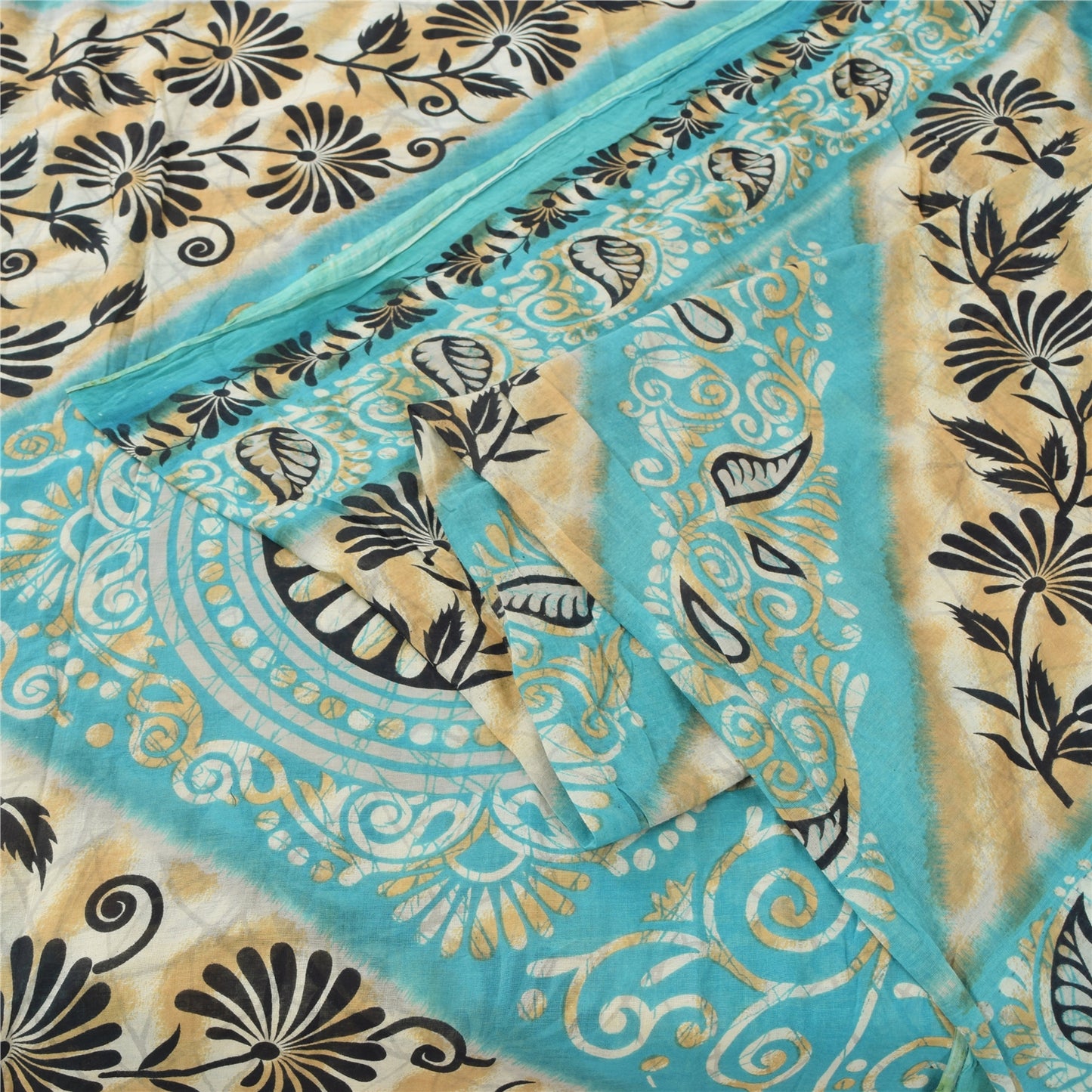 Sanskriti Vintage Sarees Indian Blue Pure Cotton Printed Sari 5yd Craft Sustainable Fabric