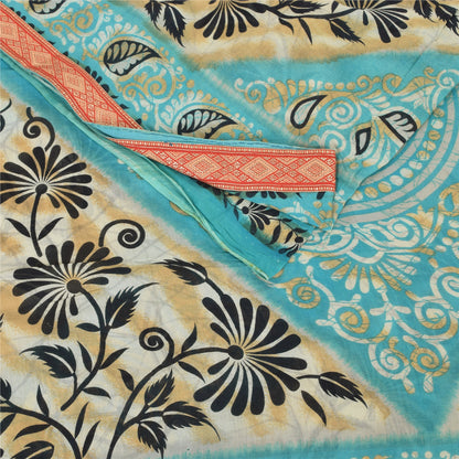 Sanskriti Vintage Sarees Indian Blue Pure Cotton Printed Sari 5yd Craft Sustainable Fabric