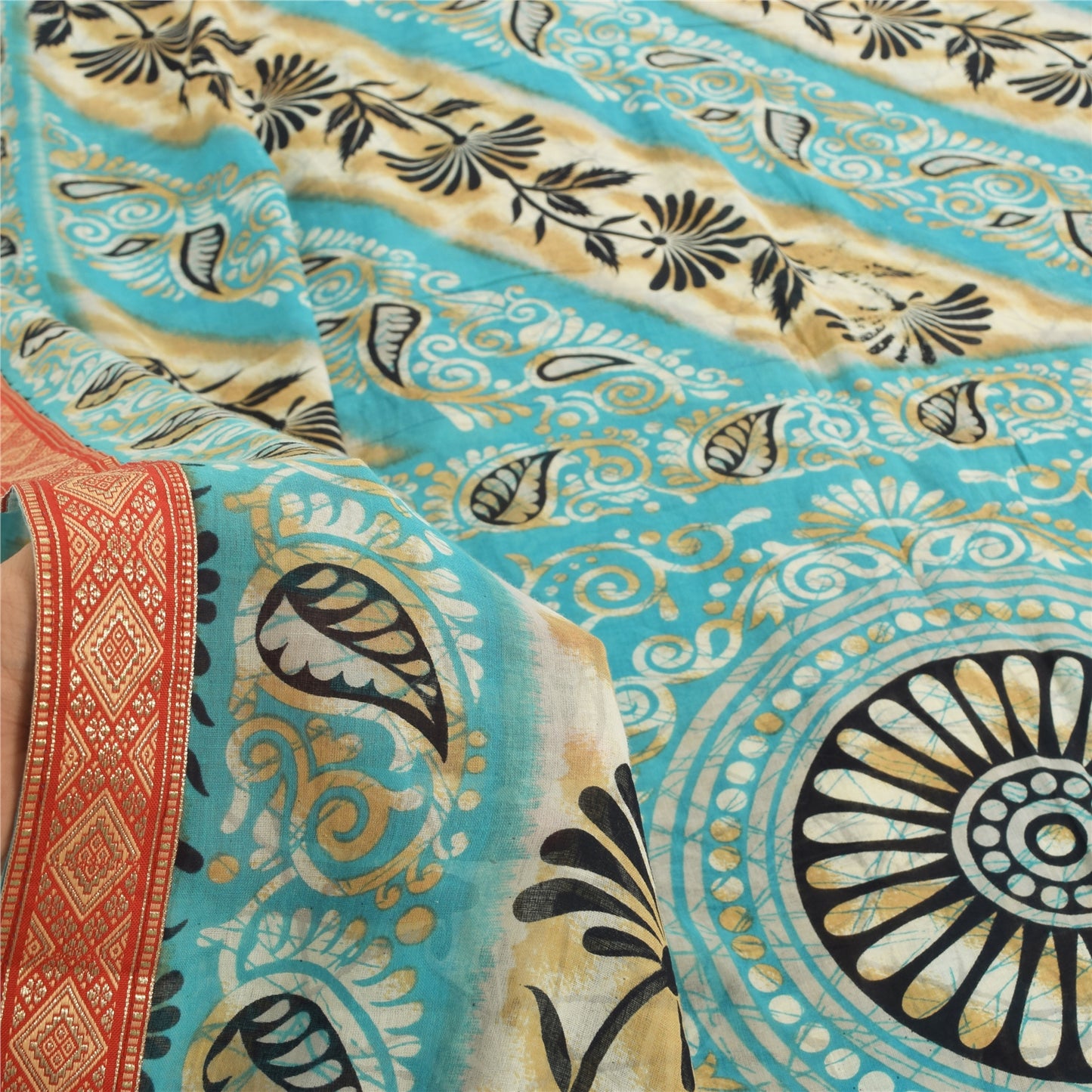 Sanskriti Vintage Sarees Indian Blue Pure Cotton Printed Sari 5yd Craft Sustainable Fabric