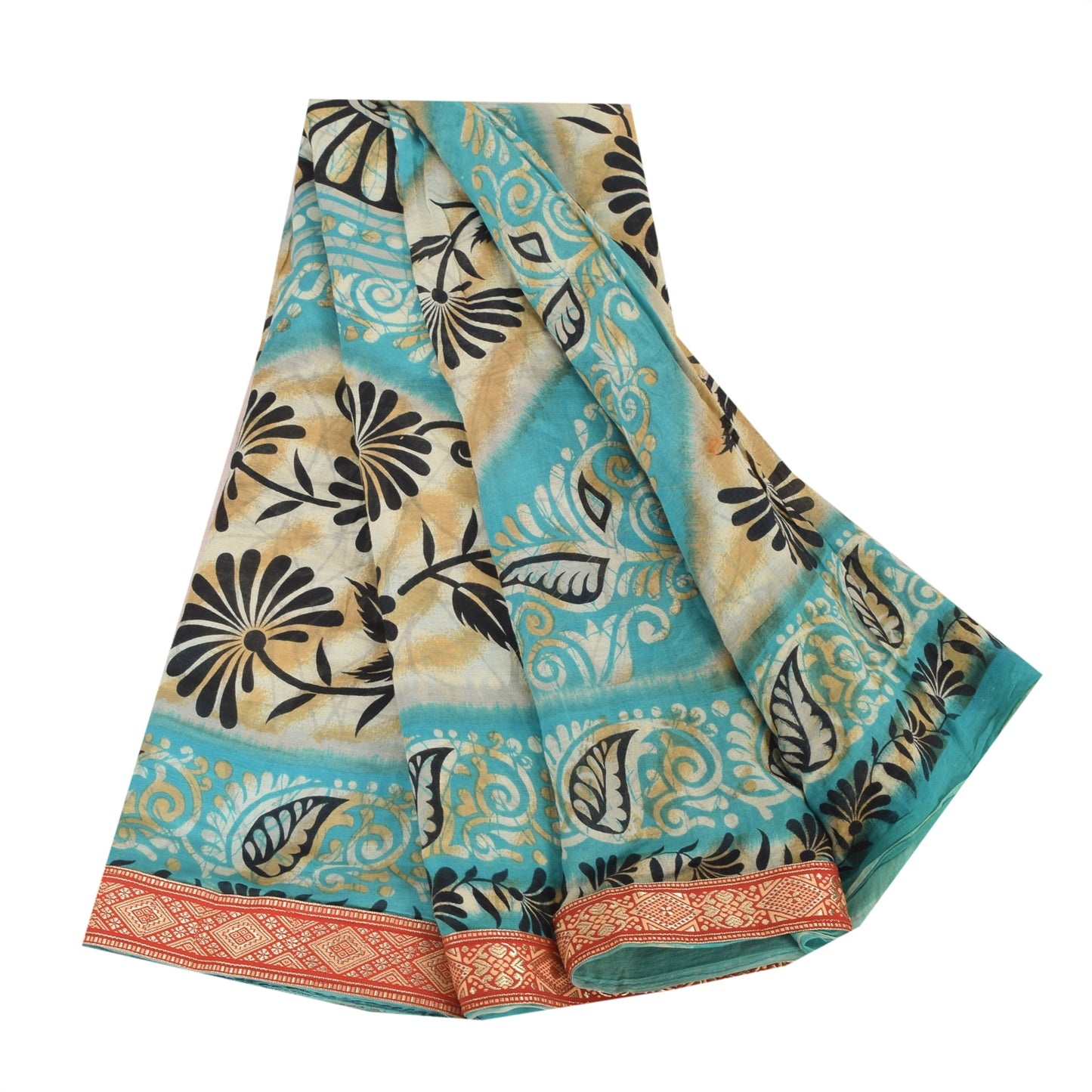 Sanskriti Vintage Sarees Indian Blue Pure Cotton Printed Sari 5yd Craft Sustainable Fabric