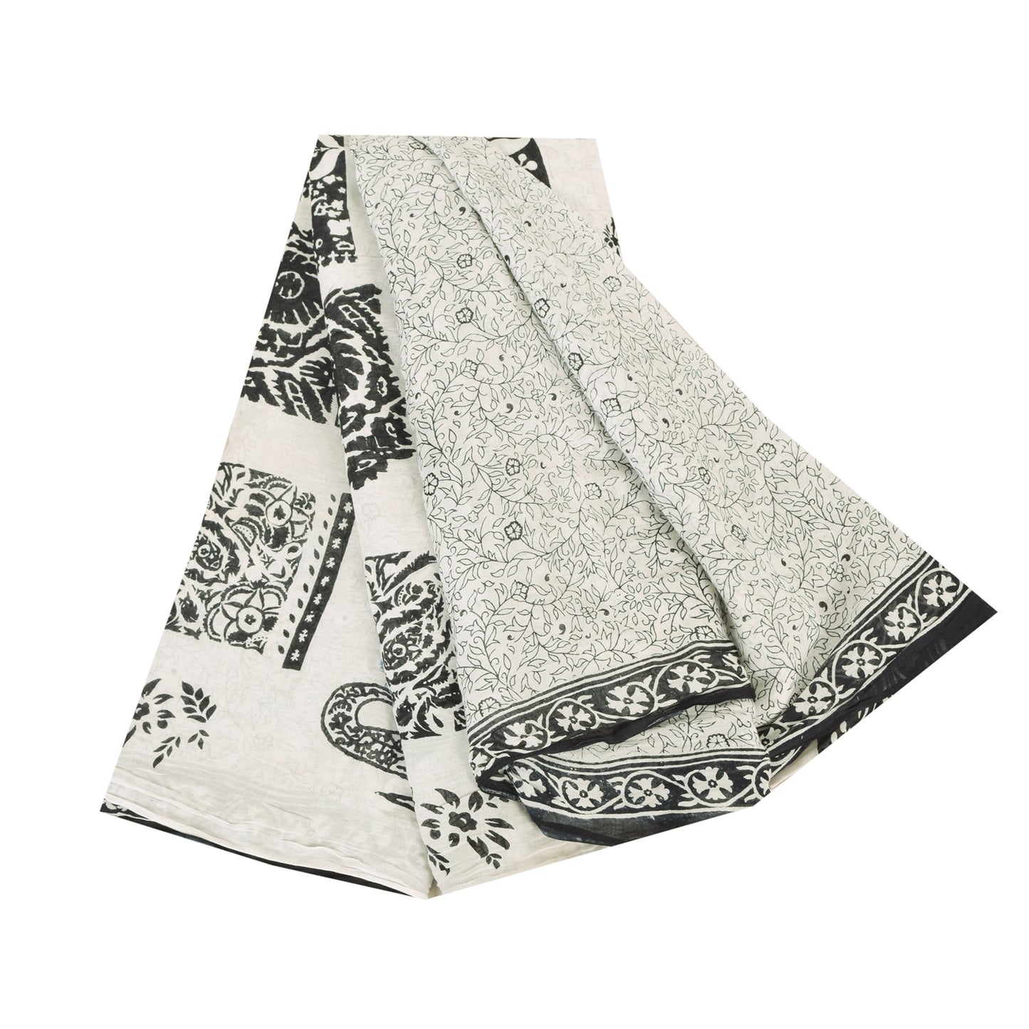 Sanskriti Vintage Sarees Indian White Pure Cotton Printed Sari 5yd Craft Sustainable Fabric