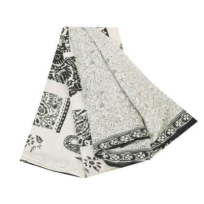 Sanskriti Vintage Sarees Indian White Pure Cotton Printed Sari 5yd Craft Sustainable Fabric