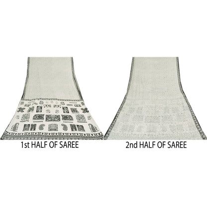 Sanskriti Vintage Sarees Indian White Pure Cotton Printed Sari 5yd Craft Sustainable Fabric