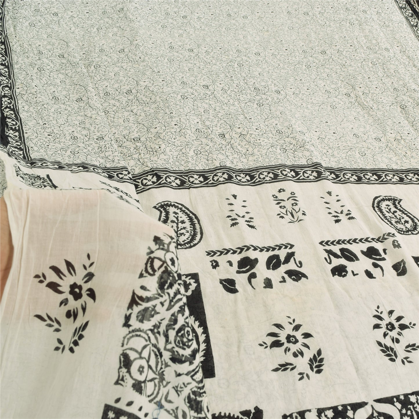 Sanskriti Vintage Sarees Indian White Pure Cotton Printed Sari 5yd Craft Sustainable Fabric