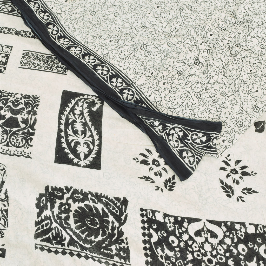 Sanskriti Vintage Sarees Indian White Pure Cotton Printed Sari 5yd Craft Sustainable Fabric