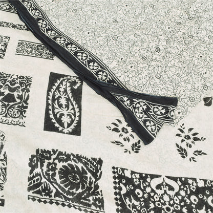 Sanskriti Vintage Sarees Indian White Pure Cotton Printed Sari 5yd Craft Sustainable Fabric