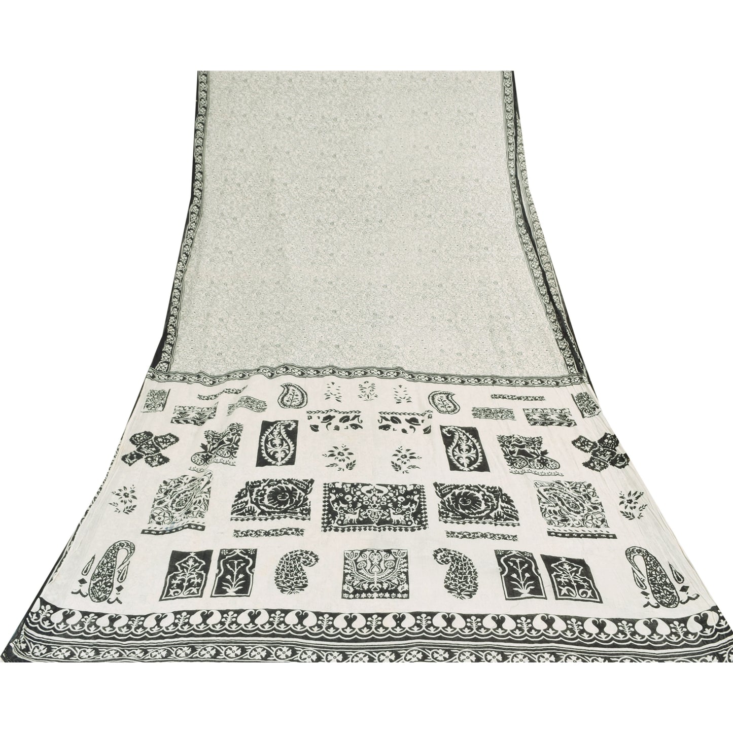 Sanskriti Vintage Sarees Indian White Pure Cotton Printed Sari 5yd Craft Sustainable Fabric