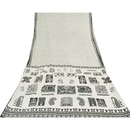 Sanskriti Vintage Sarees Indian White Pure Cotton Printed Sari 5yd Craft Sustainable Fabric