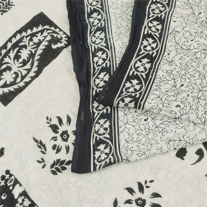 Sanskriti Vintage Sarees Indian White Pure Cotton Printed Sari 5yd Craft Sustainable Fabric