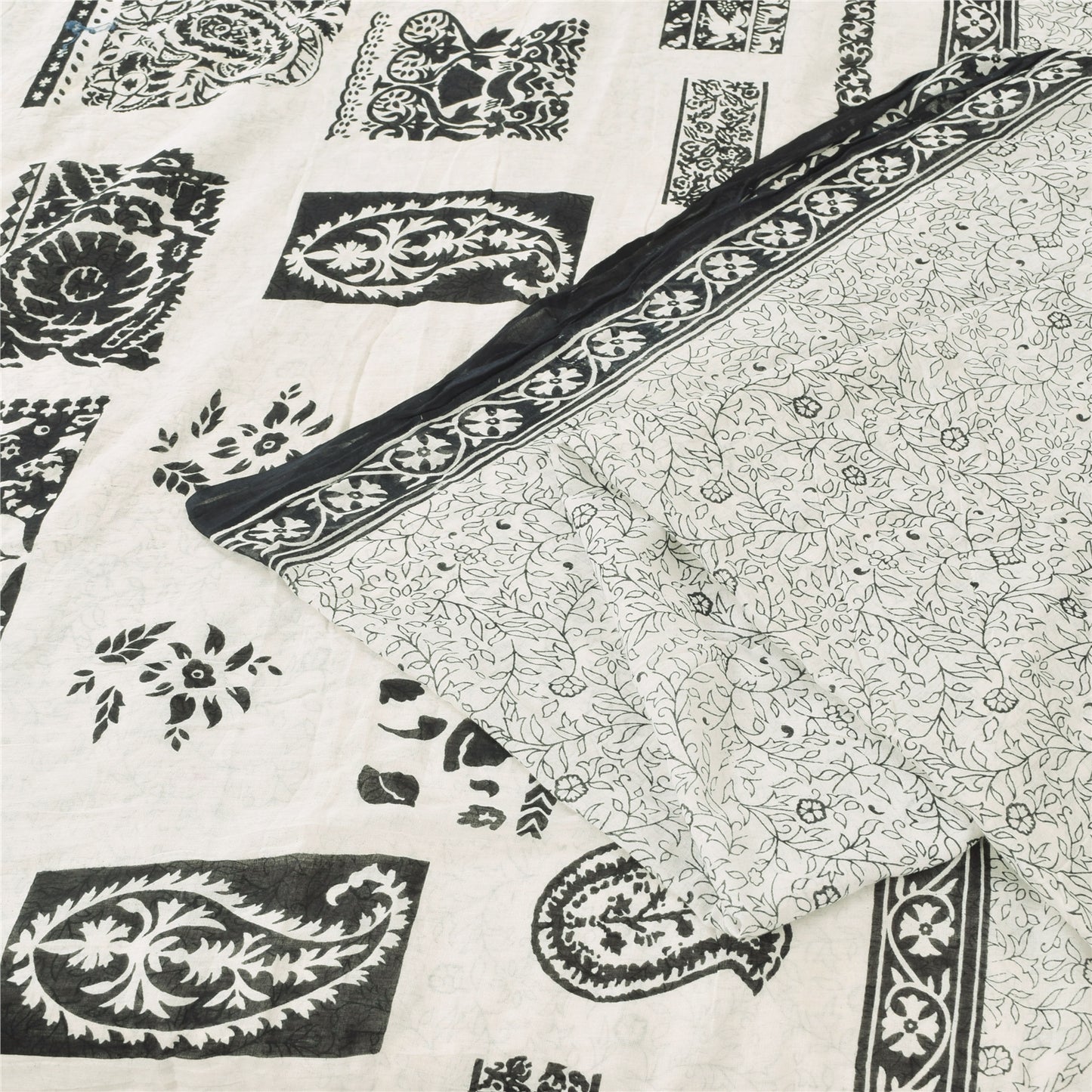 Sanskriti Vintage Sarees Indian White Pure Cotton Printed Sari 5yd Craft Sustainable Fabric