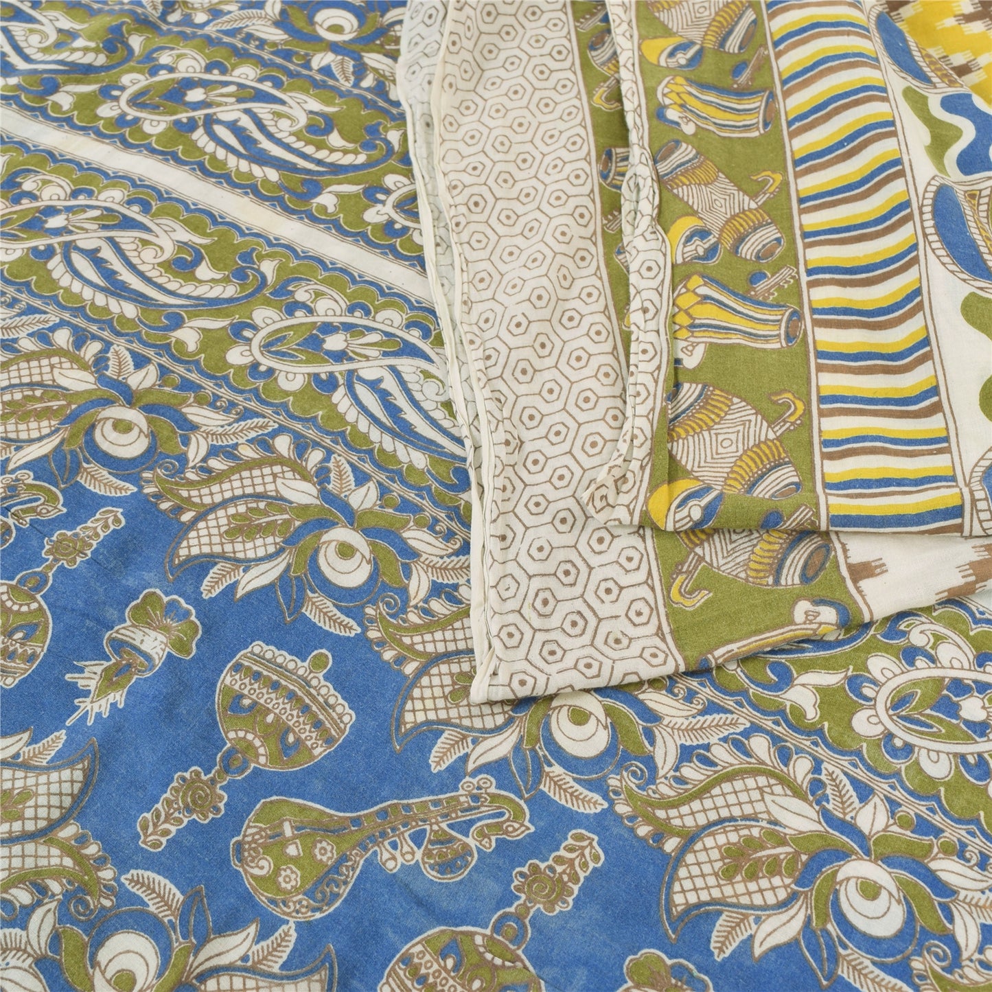 Sanskriti Vintage Sarees Ivory Handmade Kalamkari Pure Cotton Print Sari Sustainable Fabric