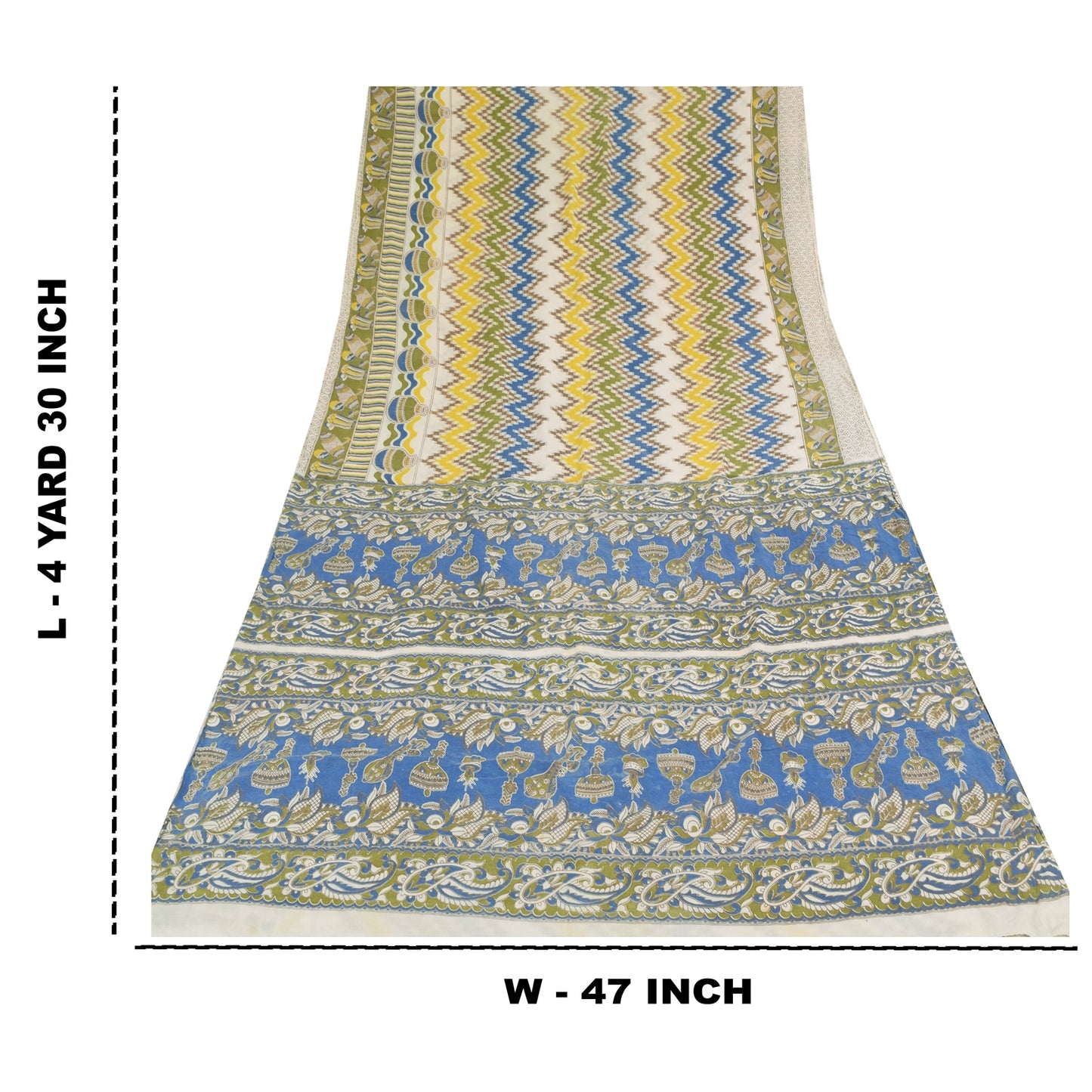 Sanskriti Vintage Sarees Ivory Handmade Kalamkari Pure Cotton Print Sari Sustainable Fabric