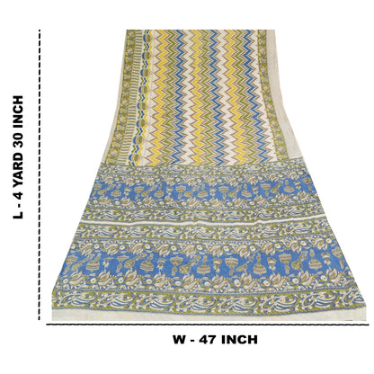 Sanskriti Vintage Sarees Ivory Handmade Kalamkari Pure Cotton Print Sari Sustainable Fabric