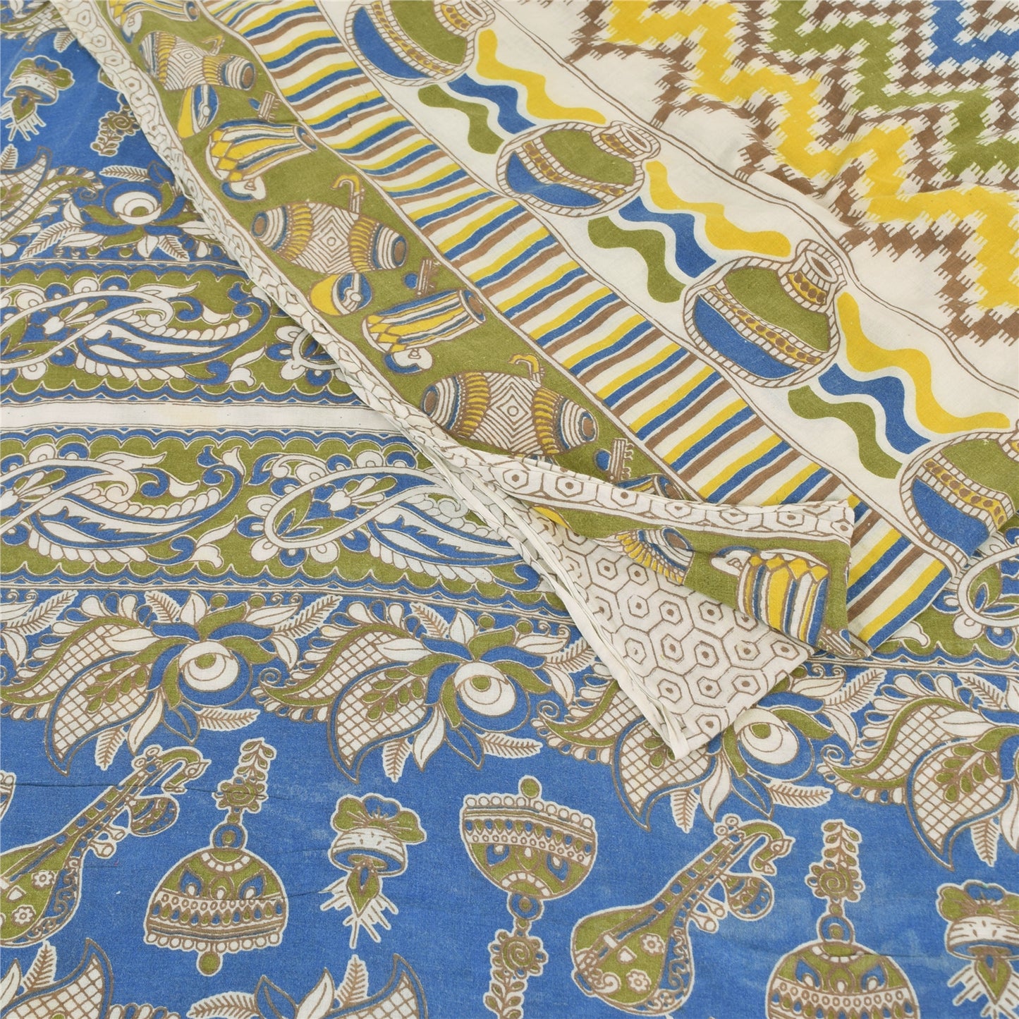 Sanskriti Vintage Sarees Ivory Handmade Kalamkari Pure Cotton Print Sari Sustainable Fabric